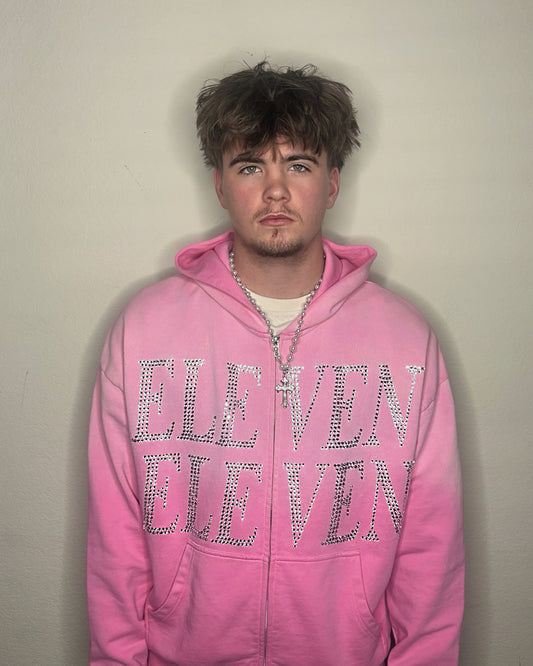 Eleven Eleven Rhinestone Zip-Up Hoodie – Pink