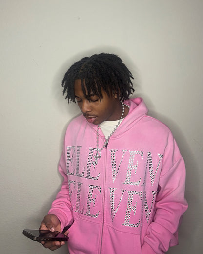 Eleven Eleven Rhinestone Zip-Up Hoodie – Pink